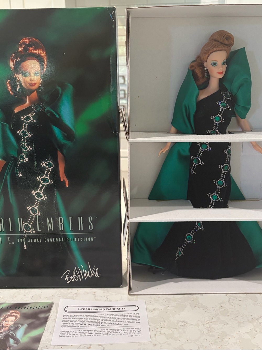 1996 Bob Mackie Emerald Embers Barbie Doll NRFB Jewel Essence #15521 Complete